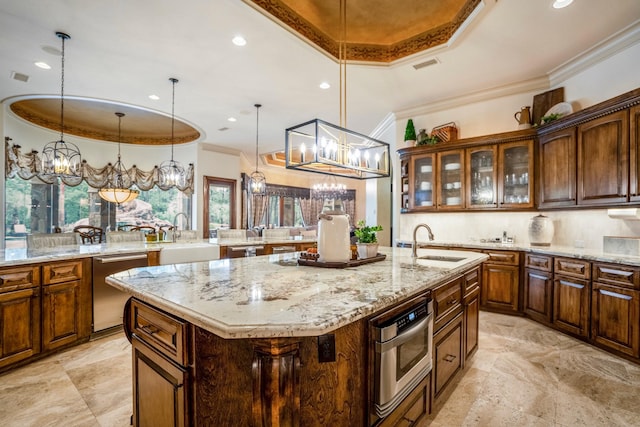 28322 Meadow Frst, Magnolia, TX 77355 - kitchen featuring crown molding, an island with sink, stainless steel appliances, glass insert cabinets, and recessed lighting