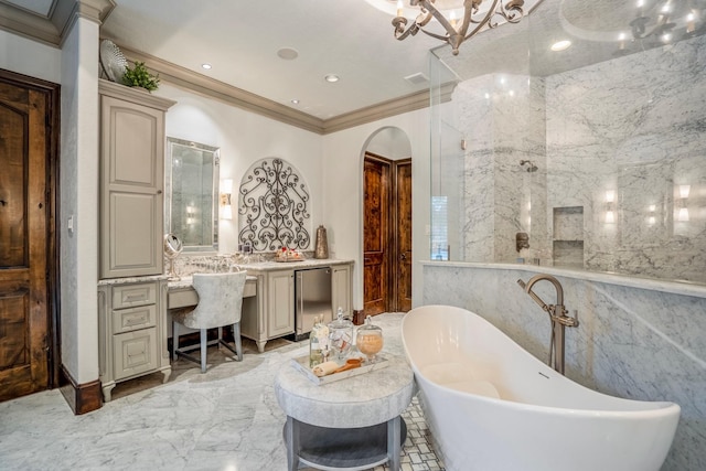 28322 Meadow Frst, Magnolia, TX 77355 - full bathroom with a freestanding tub, vanity, crown molding, a chandelier, and tile walls