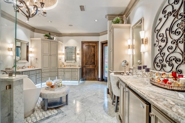 28322 Meadow Frst, Magnolia, TX 77355 - bathroom with a soaking tub, ornamental molding, two vanities, marble tiled flooring, and a chandelier