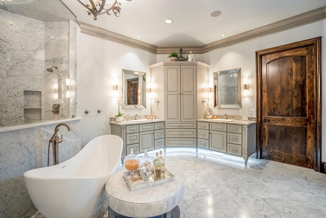28322 Meadow Frst, Magnolia, TX 77355 - bathroom featuring a freestanding tub, vanity, ornamental molding, and walk in shower