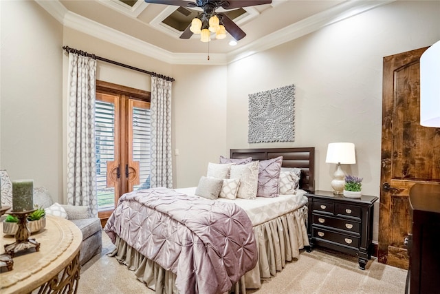28322 Meadow Frst, Magnolia, TX 77355 - bedroom with access to exterior, light carpet, crown molding, french doors, and ceiling fan
