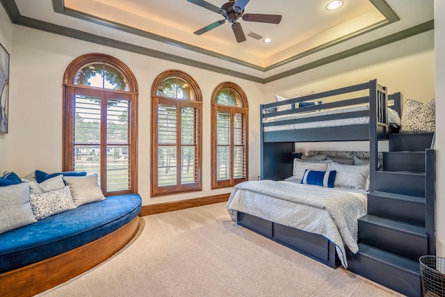 28322 Meadow Frst, Magnolia, TX 77355 - bedroom featuring a raised ceiling, carpet, recessed lighting, ornamental molding, and a ceiling fan