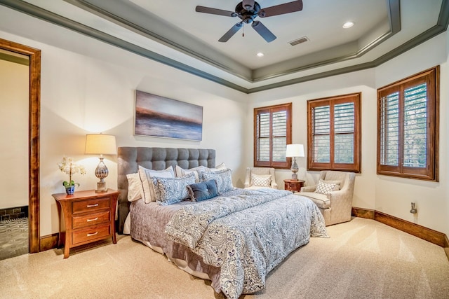 28322 Meadow Frst, Magnolia, TX 77355 - bedroom featuring carpet, multiple windows, recessed lighting, a ceiling fan, and a raised ceiling