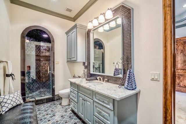 28322 Meadow Frst, Magnolia, TX 77355 - full bath with vanity, a shower stall, crown molding, and decorative backsplash