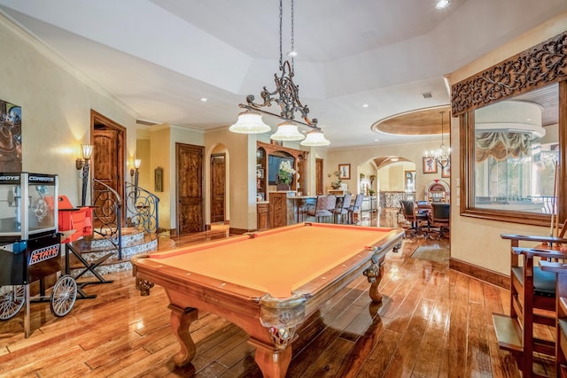 28322 Meadow Frst, Magnolia, TX 77355 - recreation room featuring arched walkways, wood-type flooring, ornamental molding, pool table, and recessed lighting