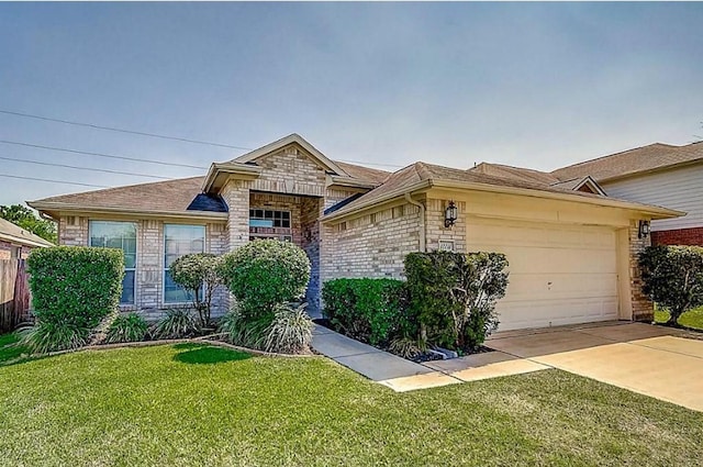 single story home featuring a garage and a front lawn