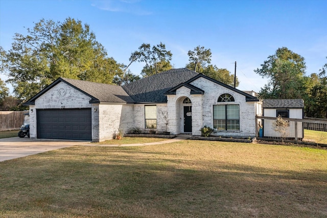 french provincial home featuring a front lawn and a garage