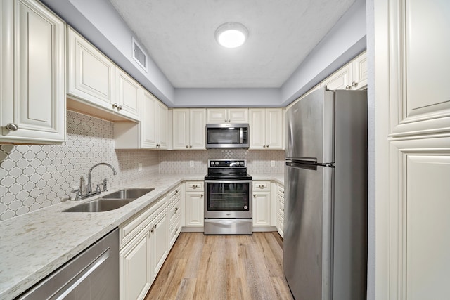 kitchen with appliances with stainless steel finishes, sink, backsplash, light stone counters, and light hardwood / wood-style flooring