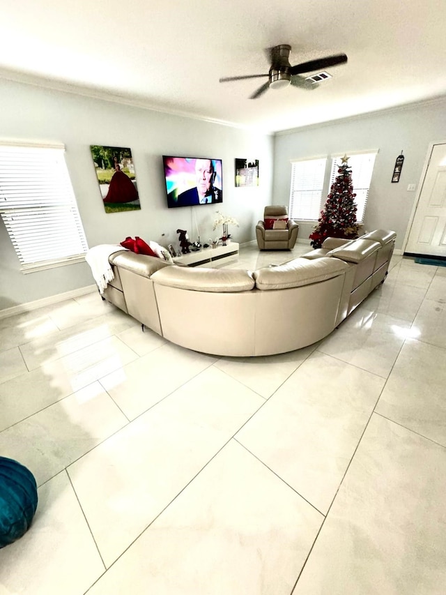 living room featuring ceiling fan