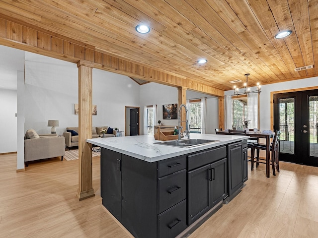 kitchen featuring pendant lighting, a kitchen island with sink, french doors, sink, and wood ceiling