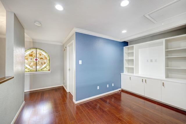 4 Rutgers Pl W, University Place, TX 77005 - spare room featuring crown molding, baseboards, dark wood-style floors, a smoke detector, and recessed lighting