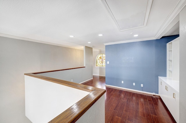 4 Rutgers Pl W, University Place, TX 77005 - hallway featuring attic access, hardwood / wood-style floors, ornamental molding, recessed lighting, and baseboards