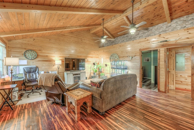 living room with wood walls, ceiling fan, dark hardwood / wood-style floors, and wooden ceiling