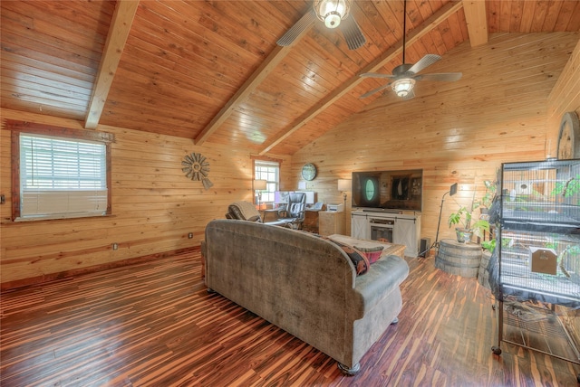 living room featuring dark hardwood / wood-style flooring, vaulted ceiling with beams, ceiling fan, and wood ceiling