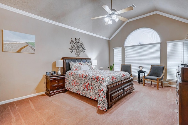 bedroom with lofted ceiling, ceiling fan, ornamental molding, a textured ceiling, and light colored carpet