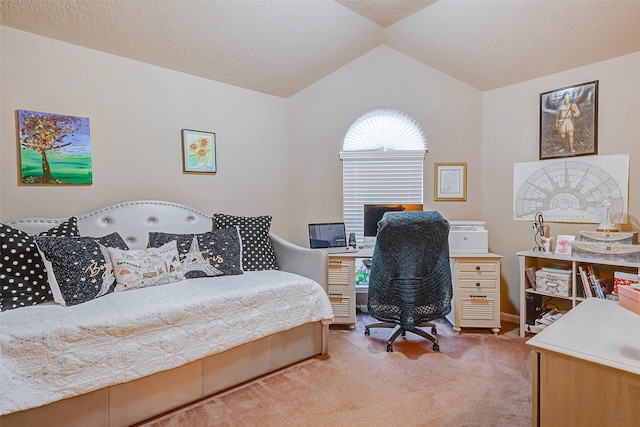 bedroom featuring light colored carpet, a textured ceiling, and vaulted ceiling