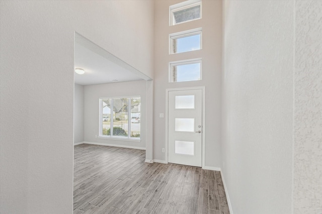 entrance foyer featuring light hardwood / wood-style flooring and a towering ceiling