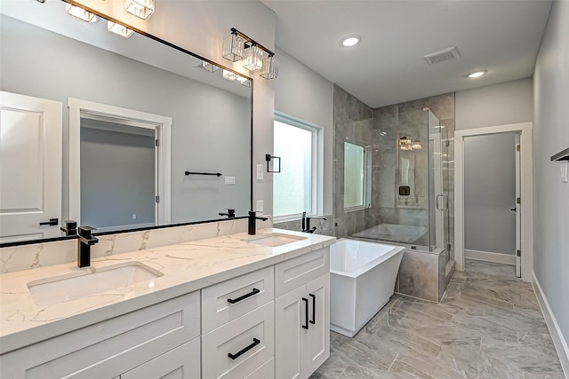 bathroom with vanity and plus walk in shower