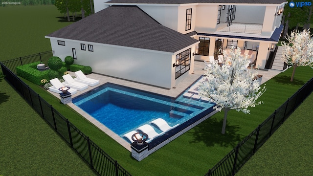 view of swimming pool featuring a lawn, a water view, and a patio