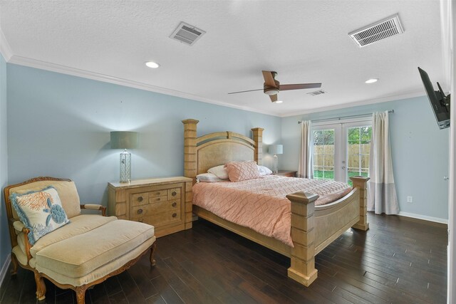 bedroom featuring dark wood-type flooring, french doors, ceiling fan, ornamental molding, and a textured ceiling