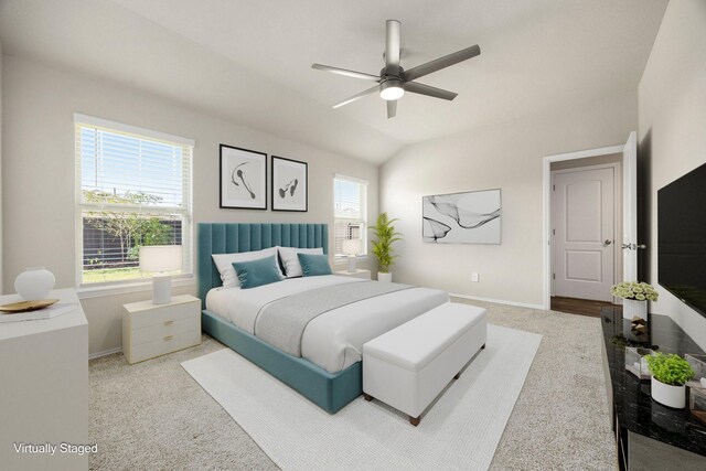 bedroom with ceiling fan and lofted ceiling