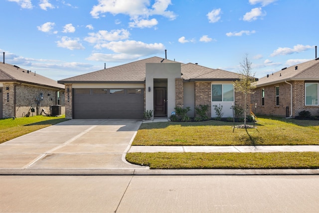 view of front of house featuring driveway, a garage, central air condition unit, a front yard, and stucco siding