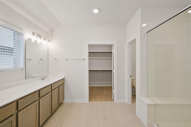 bathroom with vanity, toilet, and a shower