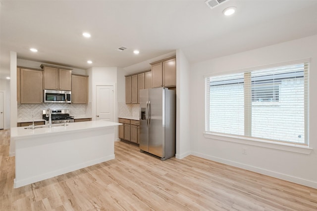 kitchen featuring sink, decorative backsplash, light wood-type flooring, an island with sink, and appliances with stainless steel finishes