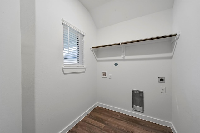 clothes washing area with dark hardwood / wood-style flooring, hookup for a washing machine, and hookup for an electric dryer