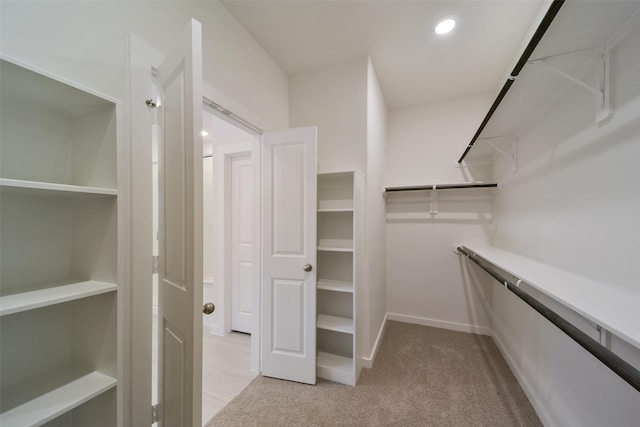 spacious closet featuring light carpet