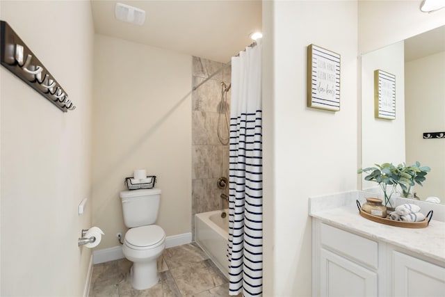 full bathroom featuring shower / bath combination with curtain, vanity, and toilet