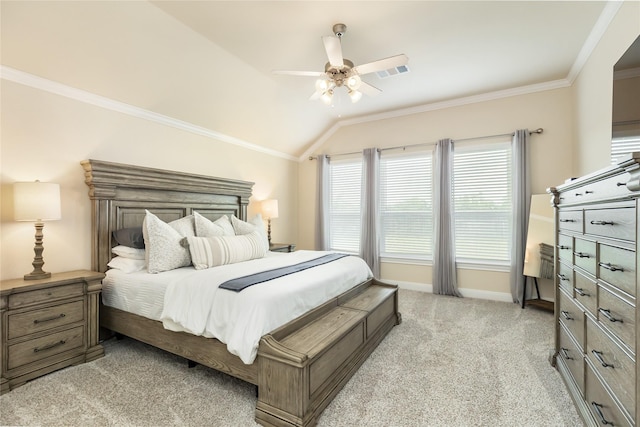 bedroom featuring light carpet, vaulted ceiling, ceiling fan, and crown molding