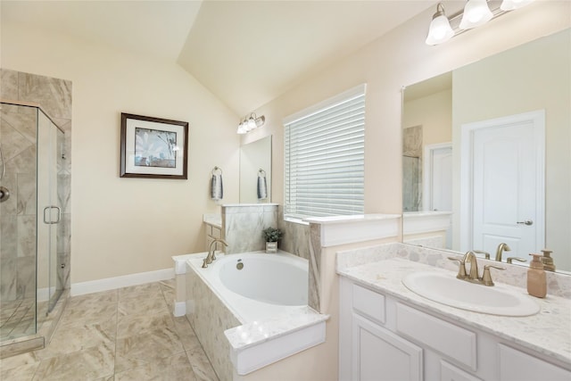 bathroom featuring vanity, shower with separate bathtub, and vaulted ceiling