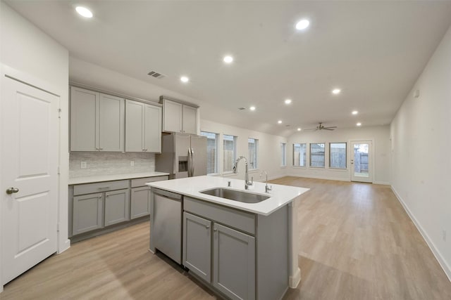 kitchen featuring gray cabinets, sink, decorative backsplash, stainless steel appliances, and a center island with sink