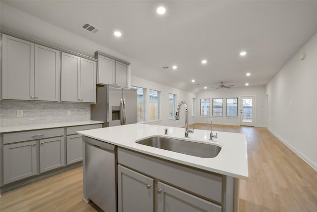 kitchen featuring gray cabinets, an island with sink, appliances with stainless steel finishes, and sink