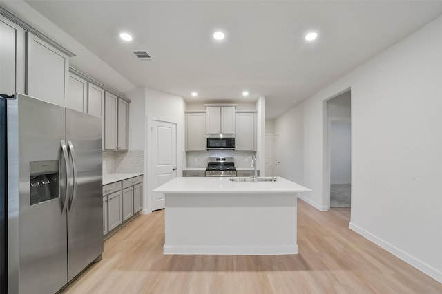 kitchen with stainless steel appliances, gray cabinets, a center island with sink, and backsplash