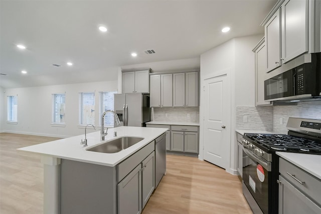 kitchen with stainless steel appliances, sink, a center island with sink, and gray cabinetry