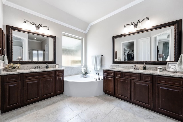 bathroom with vanity, a bathtub, lofted ceiling, and ornamental molding