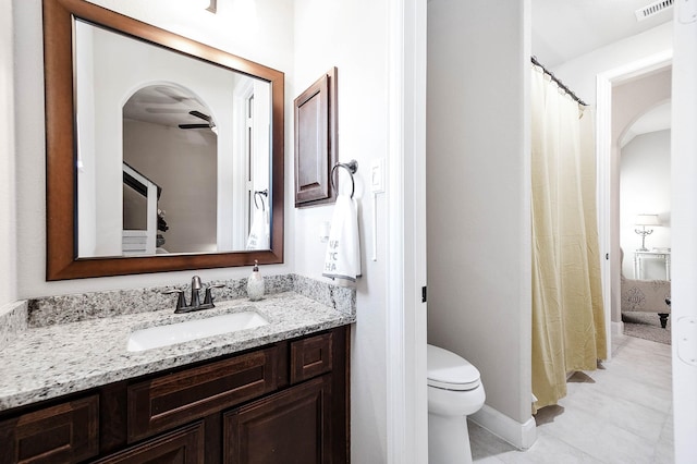 bathroom featuring tile patterned floors, vanity, toilet, and ceiling fan