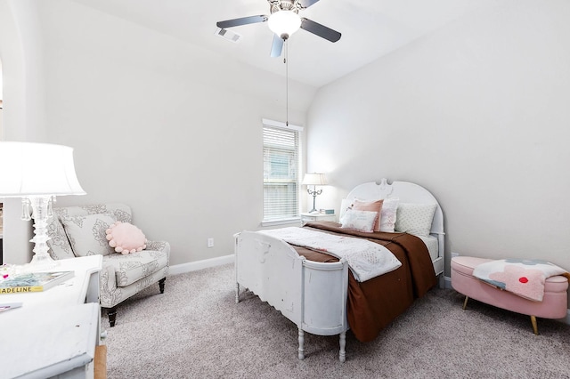 bedroom with ceiling fan, carpet, and vaulted ceiling