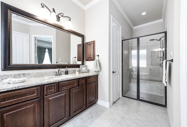 bathroom with a wealth of natural light, vanity, walk in shower, and crown molding