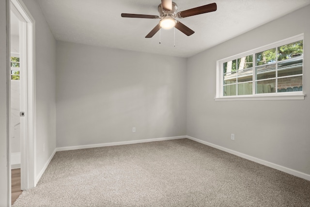 carpeted empty room with a wealth of natural light and ceiling fan