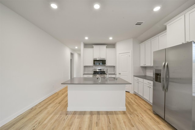 kitchen with stainless steel appliances, a center island with sink, white cabinets, and decorative backsplash