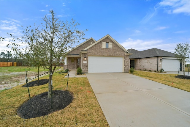 craftsman inspired home featuring a garage and a front lawn