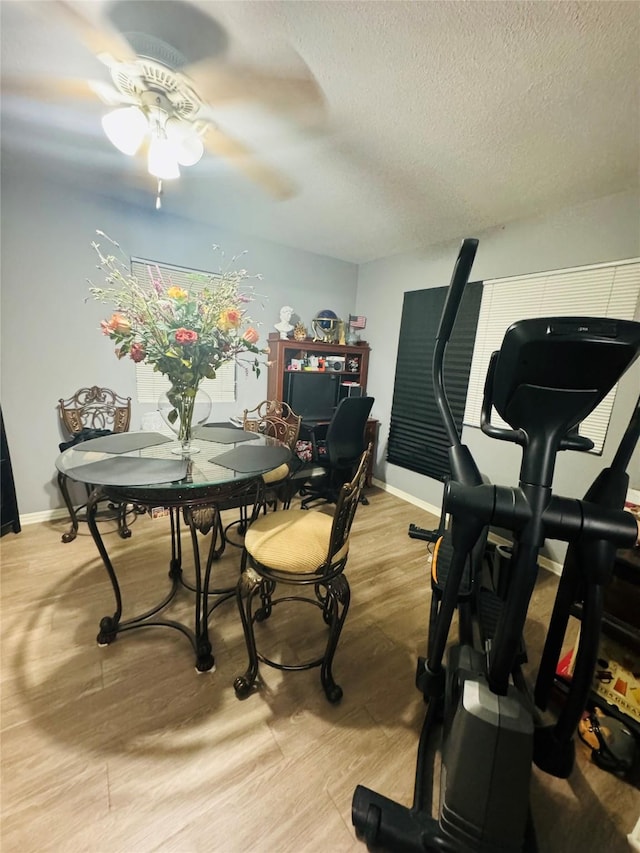 dining room featuring ceiling fan, light hardwood / wood-style floors, and a textured ceiling