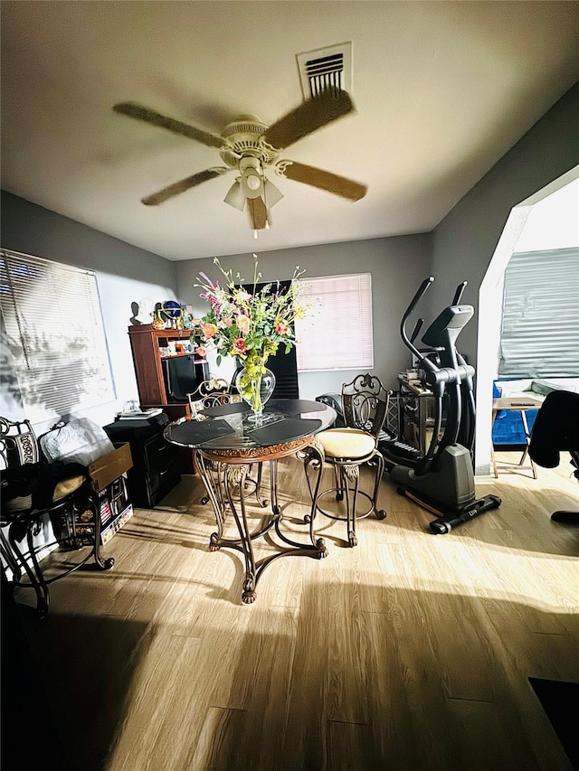 office space featuring hardwood / wood-style flooring, ceiling fan, and plenty of natural light