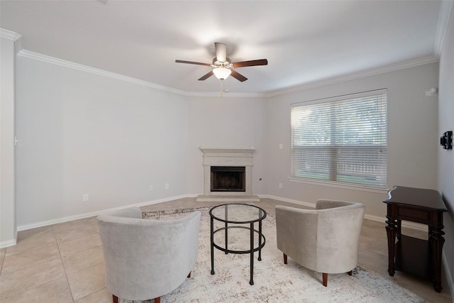 tiled living room with ceiling fan and ornamental molding