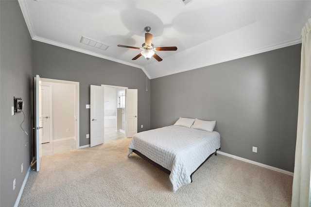 bedroom with ensuite bath, ceiling fan, crown molding, vaulted ceiling, and light carpet