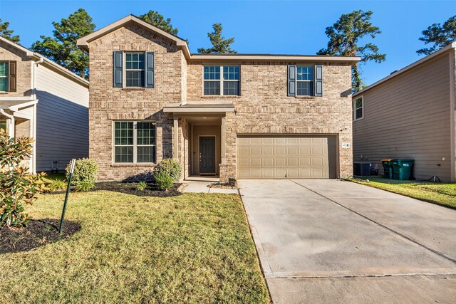 view of front property featuring central AC, a garage, and a front lawn