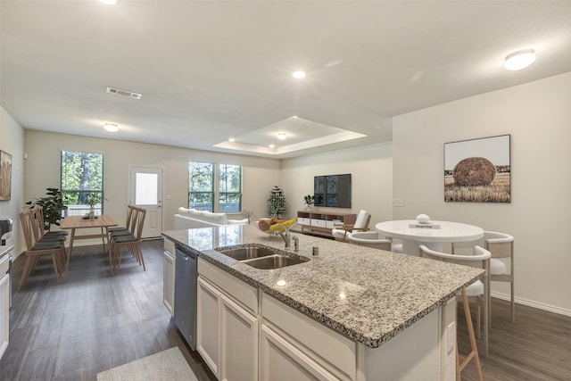 kitchen featuring sink, dishwasher, white cabinetry, a center island with sink, and a raised ceiling